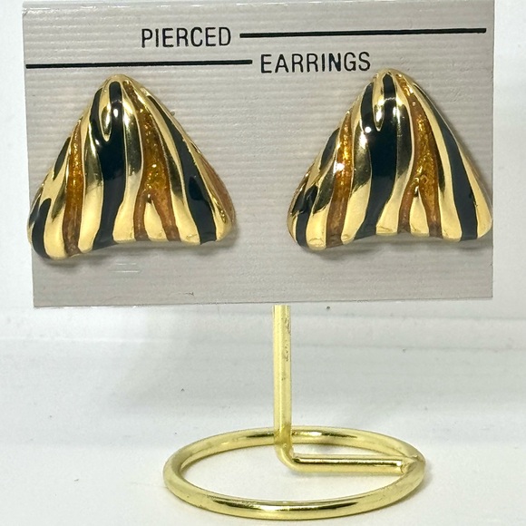 Vintage Gold & Black Abstract Enamel Triangle Earrings - Picture 9 of 9